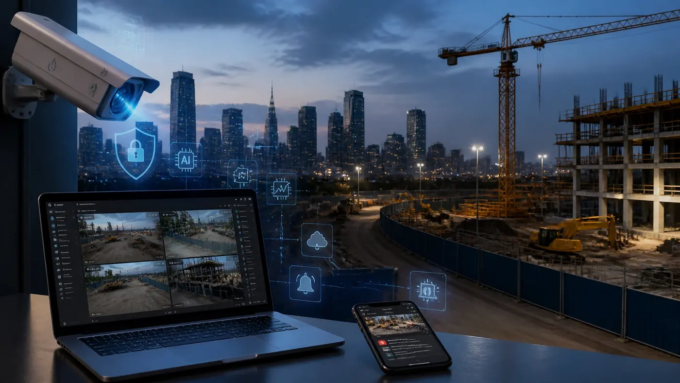 Remote security view over a construction site with equipment, structures, and city buildings at dusk
